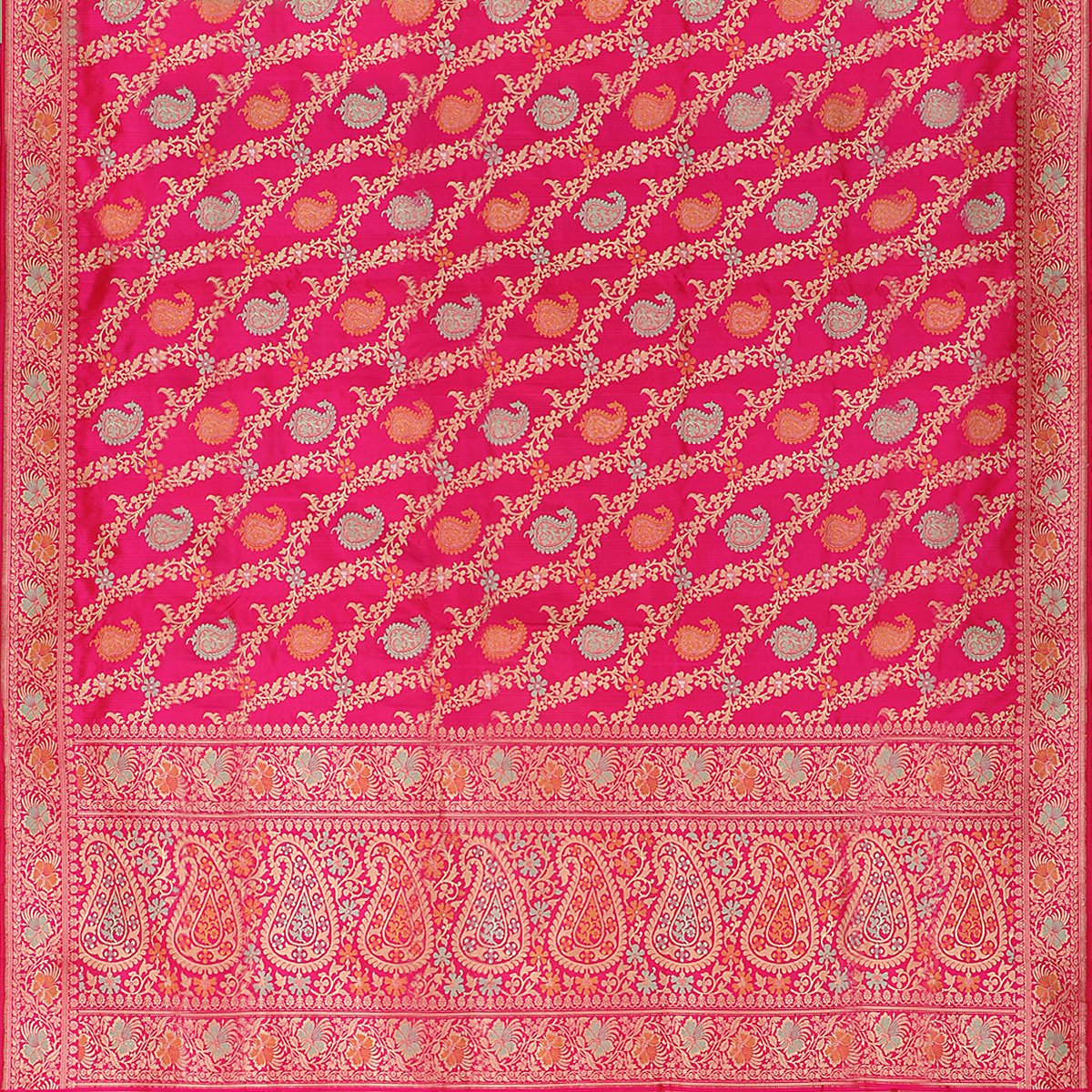 Handwoven Candy Pink Keriya Banarasi Silk Sari - WIIBT0094 - Full View