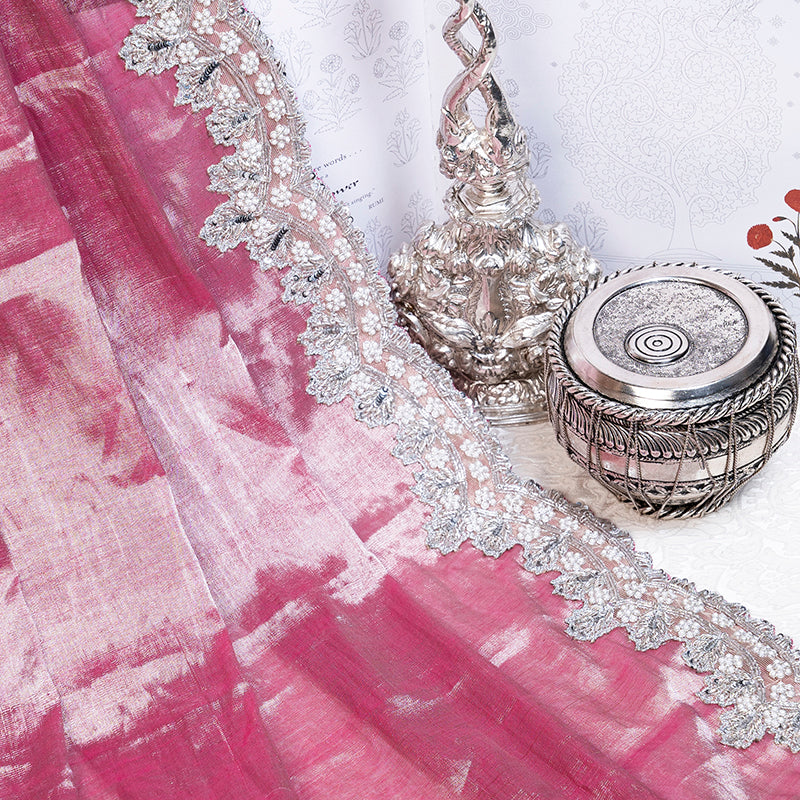 Blush Pink Chanderi Tissue Silk Hand Embroidered Saree - Pre Order