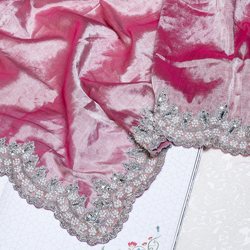 Blush Pink Chanderi Tissue Silk Hand Embroidered Saree - Pre Order