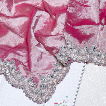 Blush Pink Chanderi Tissue Silk Hand Embroidered Saree - Pre Order
