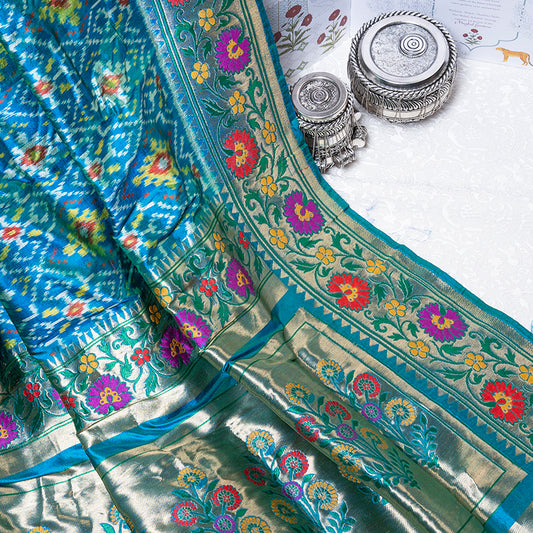 Turquoise Banarasi Patola Ashavali Border Saree