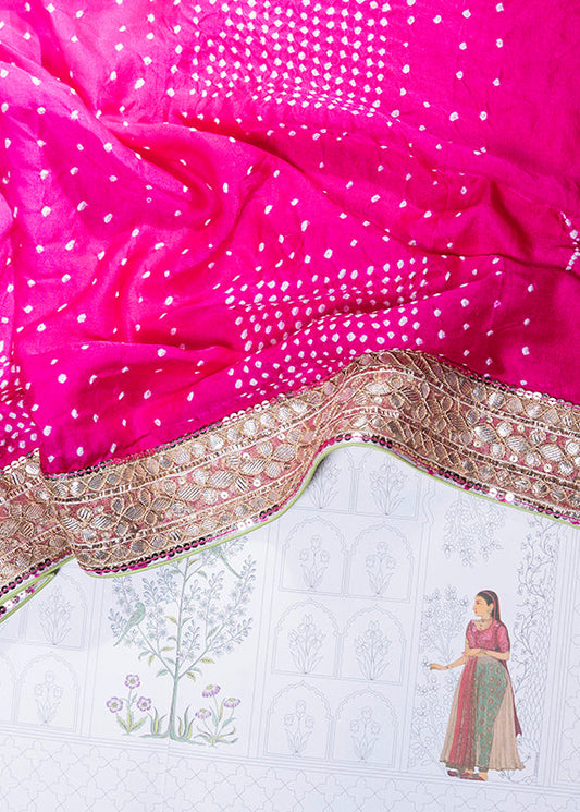 Pink Shaded Hand Embroidered Bandhani Saree