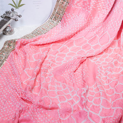 Peach Hand Embroidered Bandhani Saree