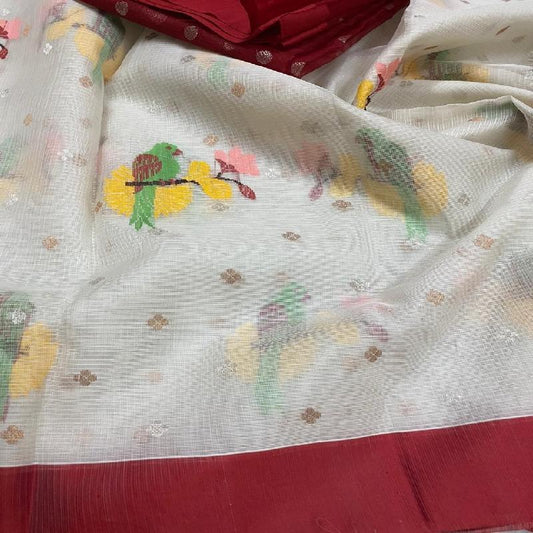 White Kota Silk Saree - WeaveinIndia