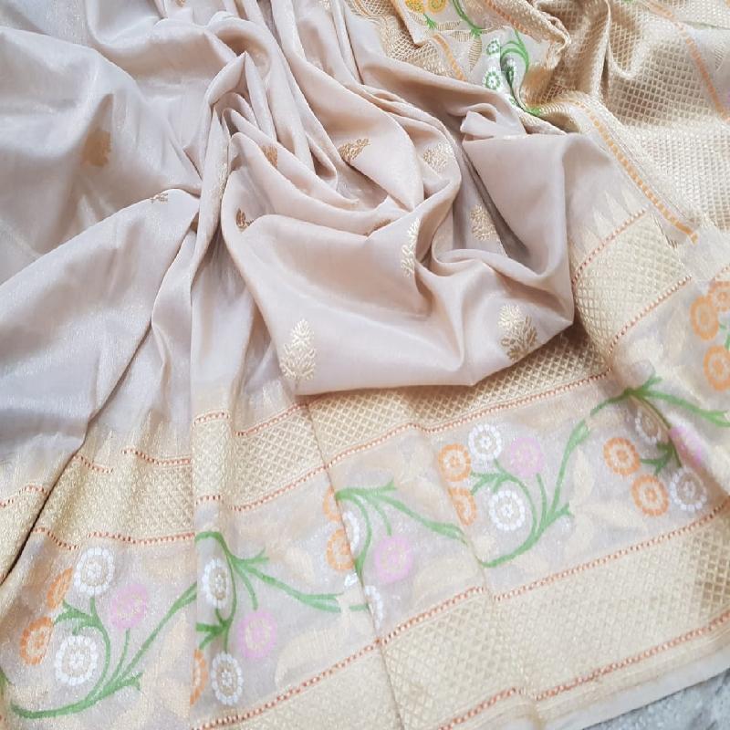 Ecru Banarasi Silk Saree - WeaveinIndia