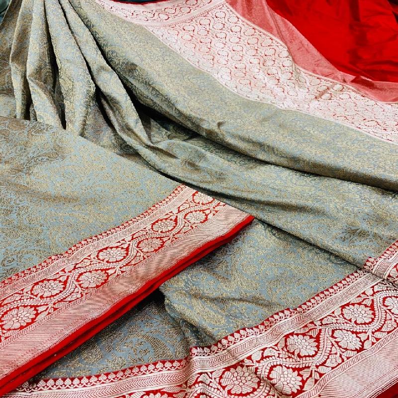 Powder Blue Banarasi Silk Saree - WeaveinIndia