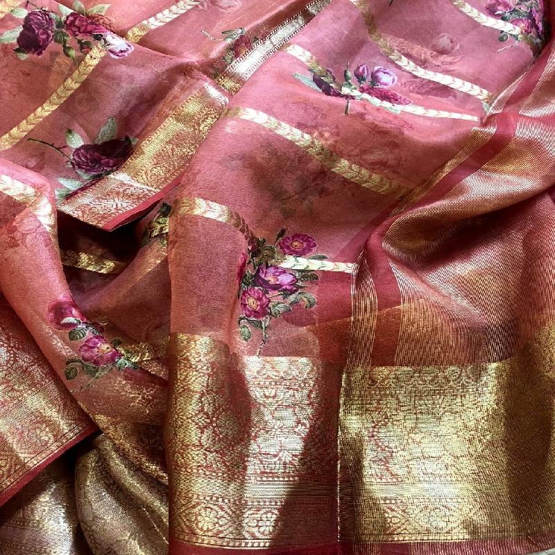 Onion Pink Digital Printed Organza Saree - WeaveinIndia