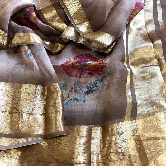Neutral Digital Printed Organza Saree - WeaveinIndia