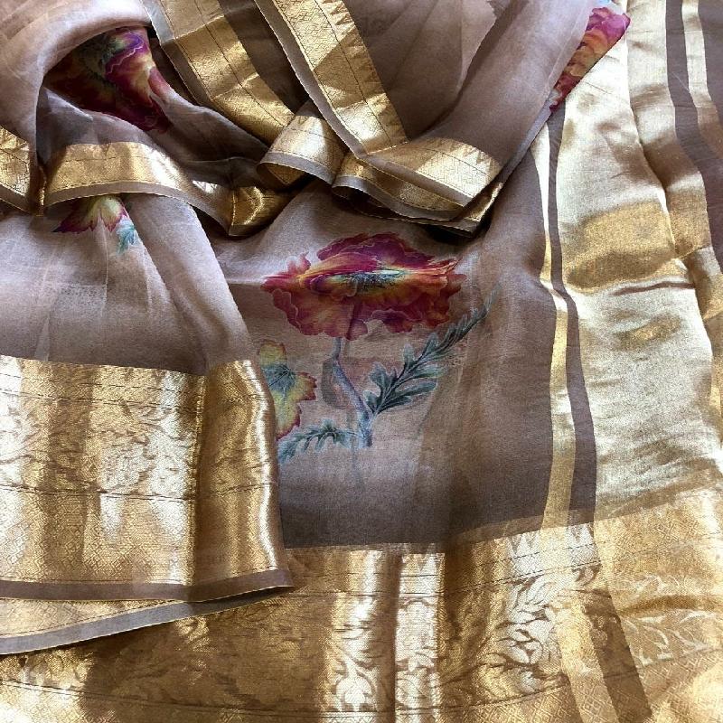 Neutral Digital Printed Organza Saree - WeaveinIndia