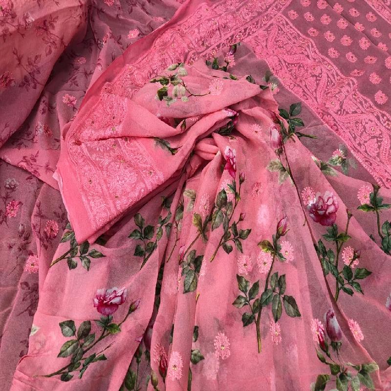 Pink Digital Printed Georgette Saree - WeaveinIndia