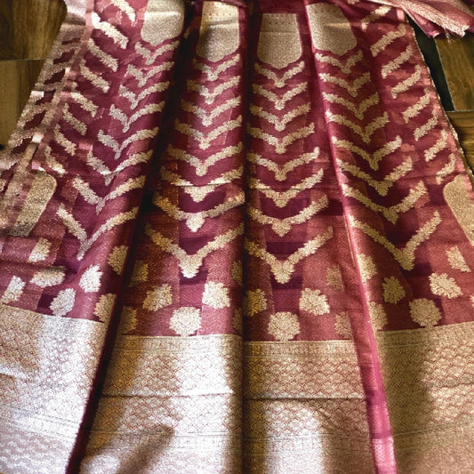 Brick Red Banarasi Organza Unstitched Lehenga- Pre Order