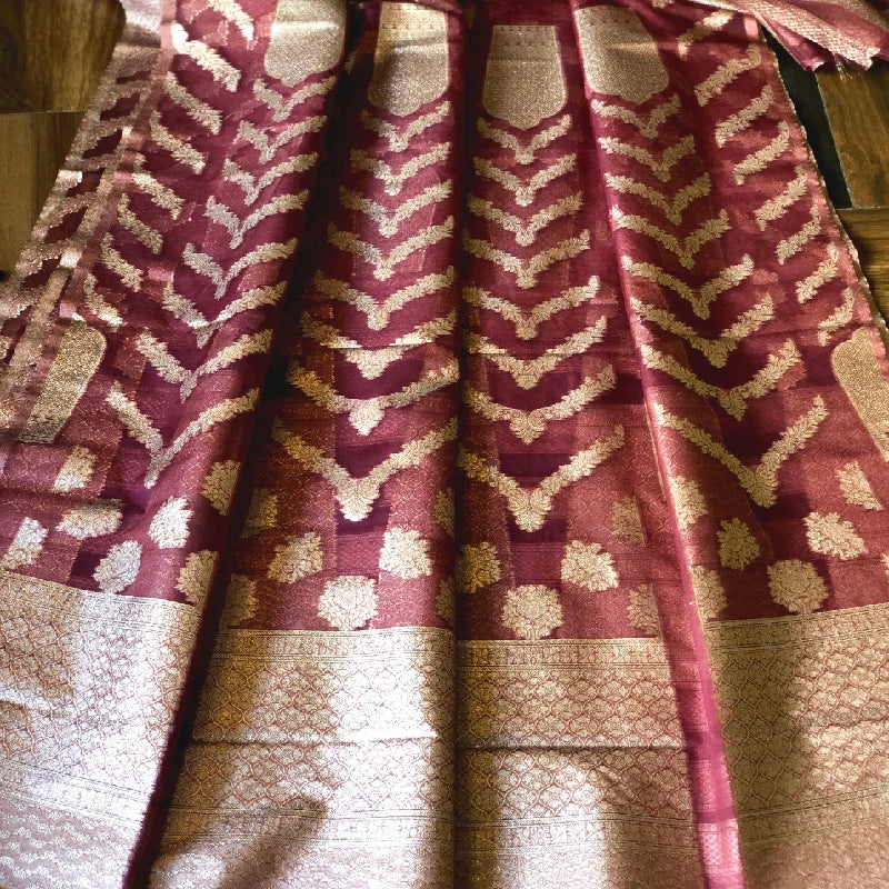 Brick Red Banarasi Organza Unstitched Lehanga- Pre Order