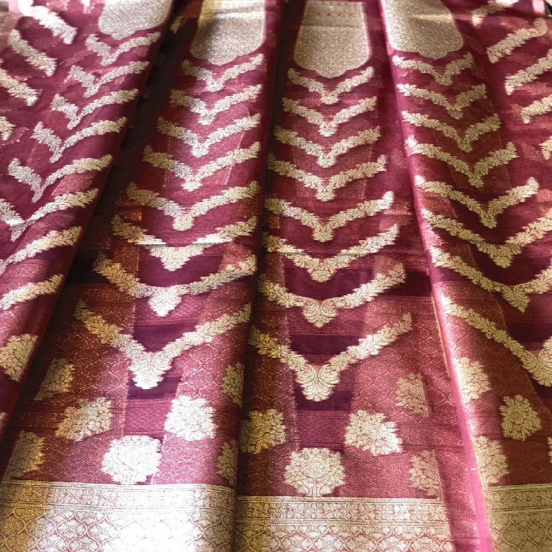 Brick Red Banarasi Organza Unstitched Lehenga- Pre Order