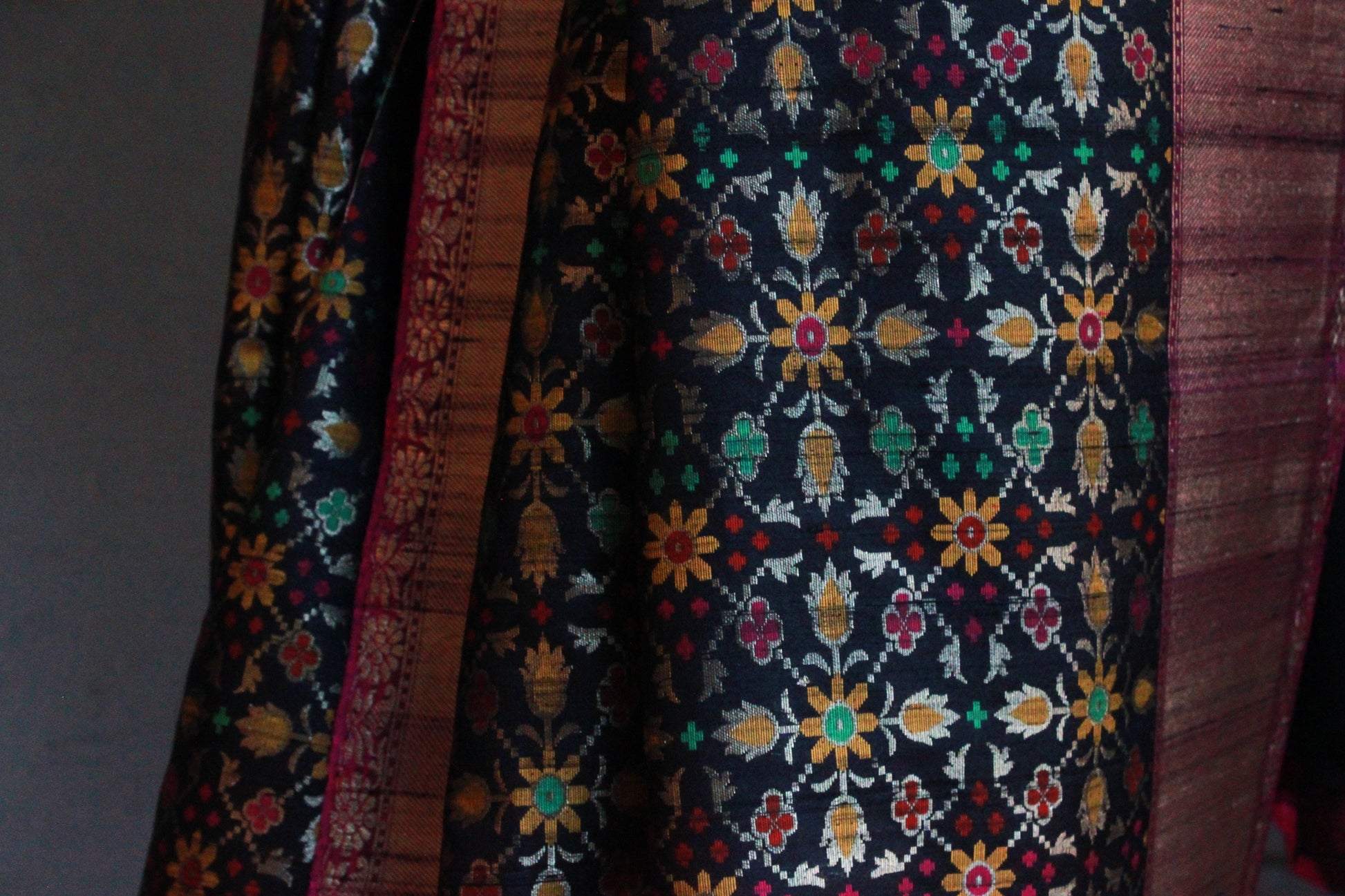 Handwoven Black Banarasi Patola Silk Sari - WeaveinIndia,  - Sari, WeaveinIndia - WeaveinIndia 