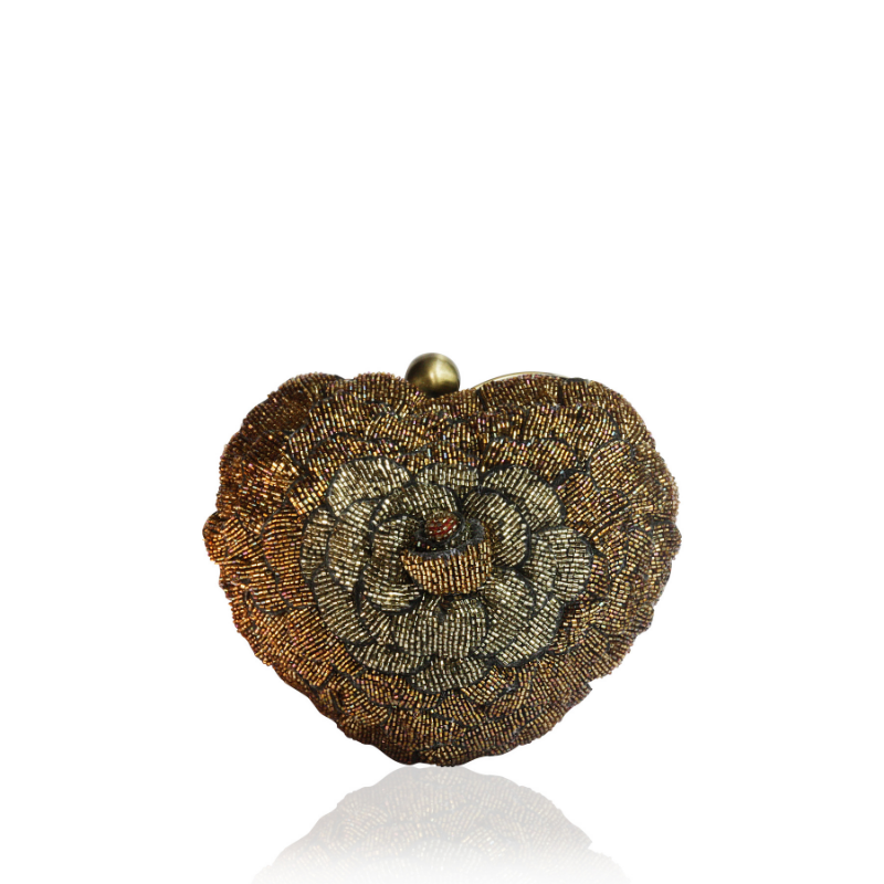 ISA BEADED HEART CLUTCH -GOLD