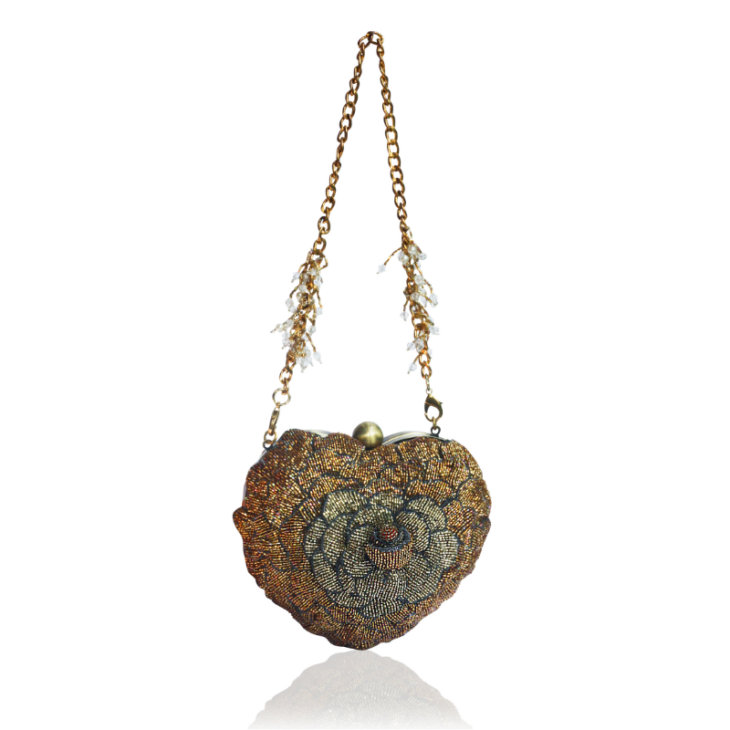 ISA BEADED HEART CLUTCH -GOLD