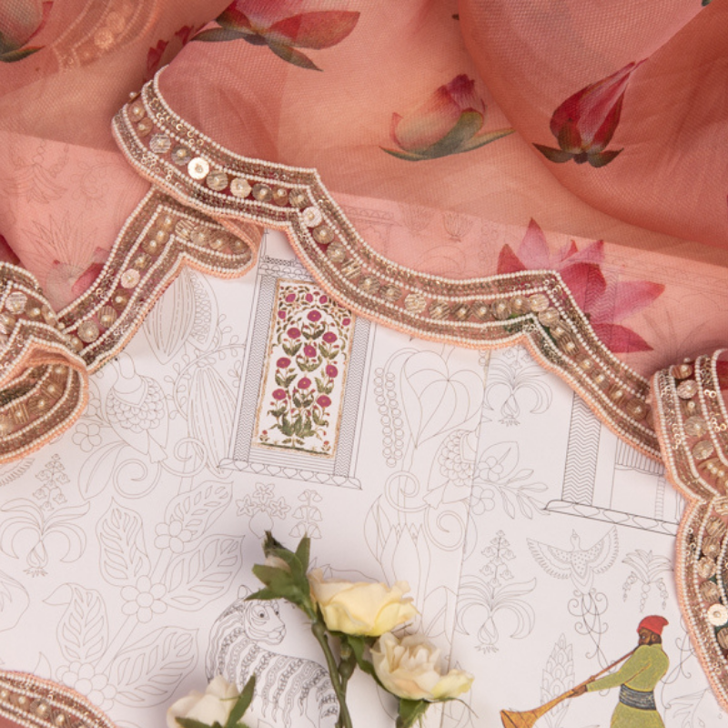 Peach Organza Hand Embroidered Saree