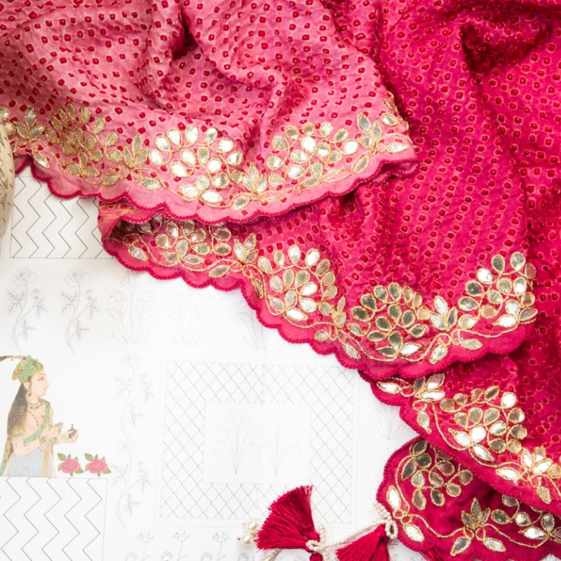 Hand Embroidered Mauve Bandhani With Gota Patti Dupatta - Pre Order