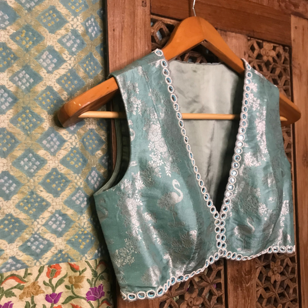 Turquoise Blue Banarasi Silk Hand Embroidered Blouse - Pre Order