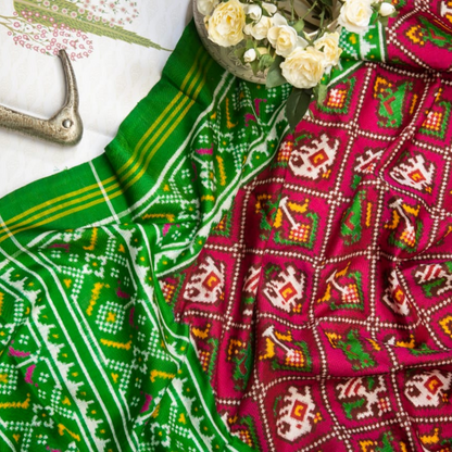 Green and Pink 4 Figure Double Ikat Patan Patola Saree