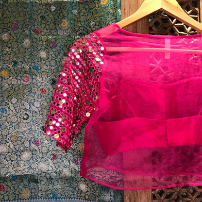 Pink Mirror Work Organza Top Blouse - Pre Order