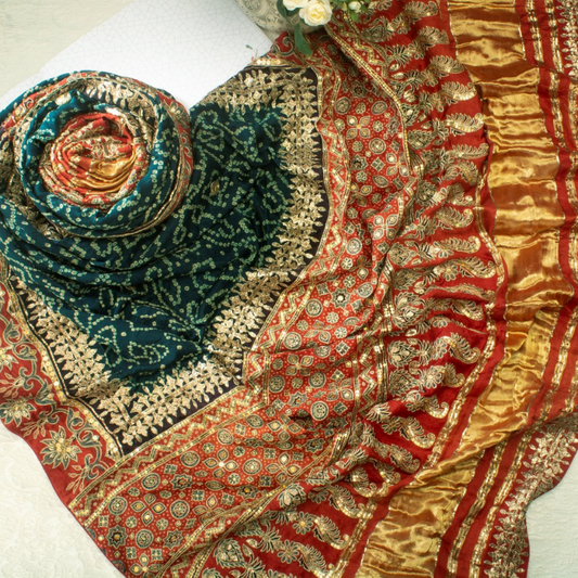 Hand Embroidered Emerald Green Ajrakh Bandhani Dupatta