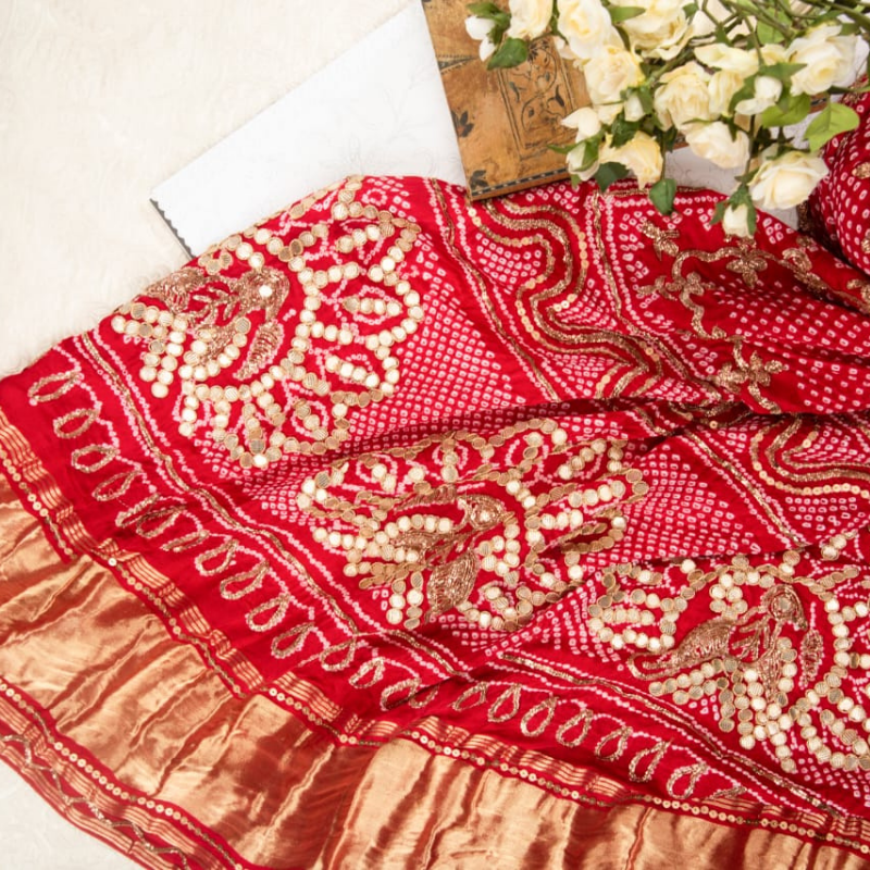 Hand Embroidered Red Bandhani Dupatta