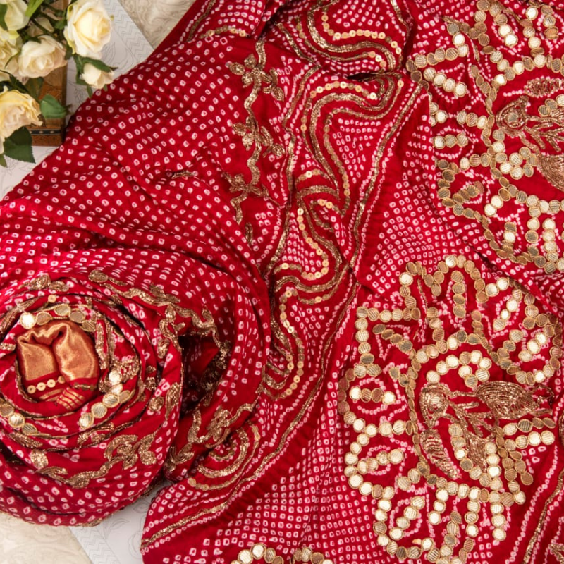 Hand Embroidered Red Bandhani Dupatta