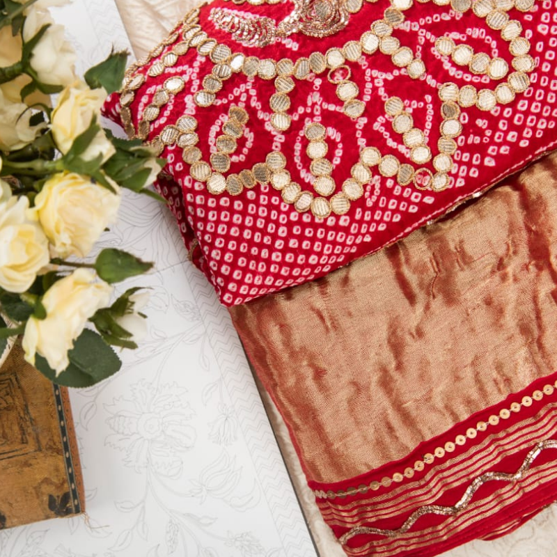 Hand Embroidered Red Bandhani Dupatta