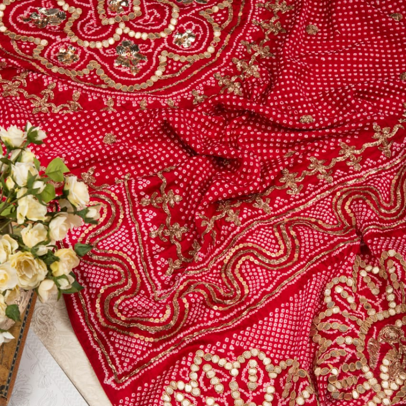 Hand Embroidered Red Bandhani Dupatta