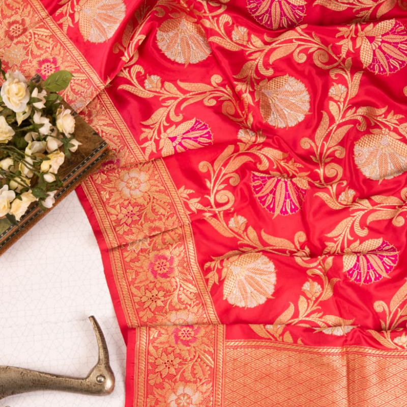 Coral Pink Floral Banarasi Silk Dupatta