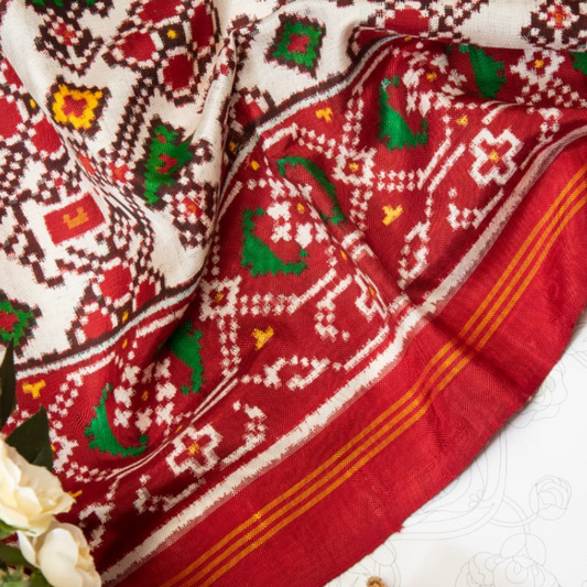 White Patan Patola Double Ikat Saree with Parrot Motif
