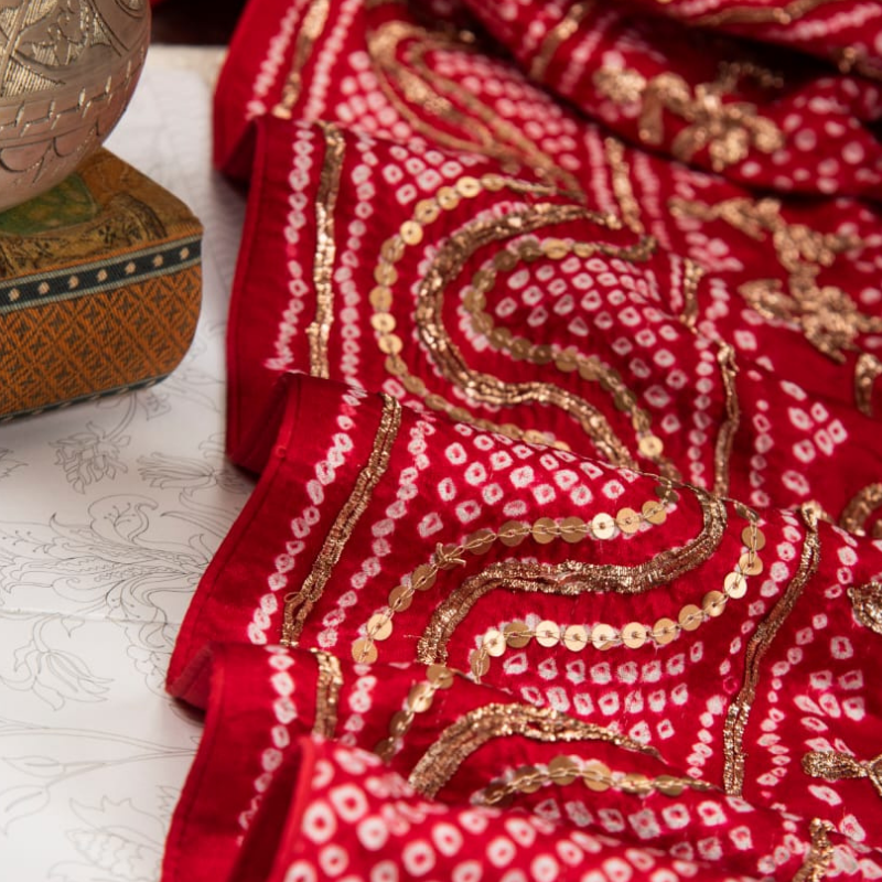 Hand Embroidered Red Bandhani Dupatta