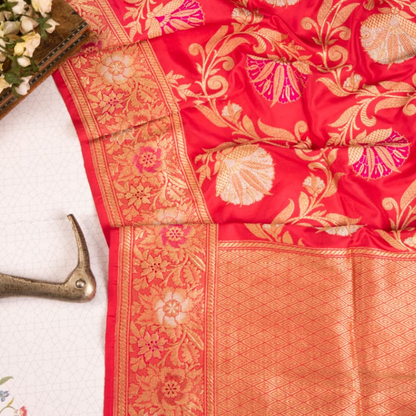 Coral Pink Floral Banarasi Silk Dupatta