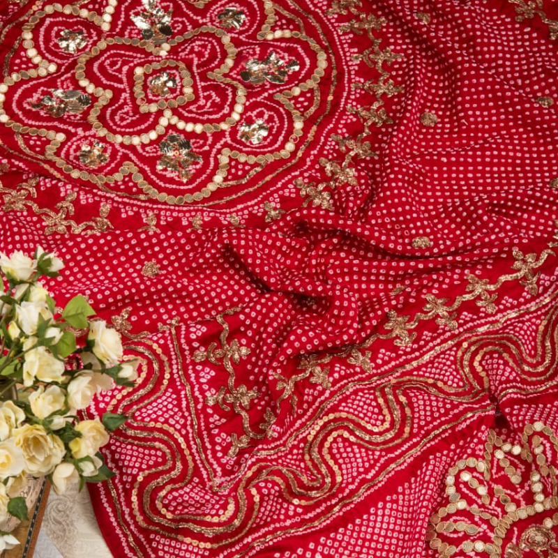 Hand Embroidered Red Bandhani Dupatta