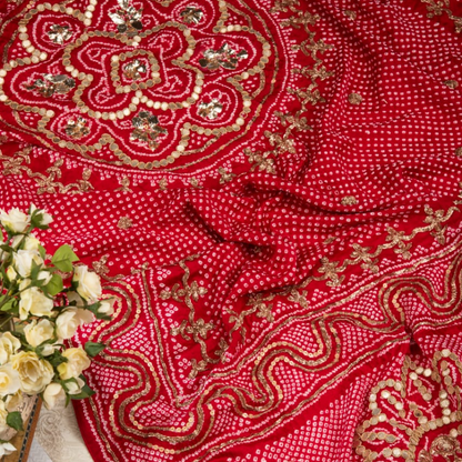 Hand Embroidered Red Bandhani Dupatta