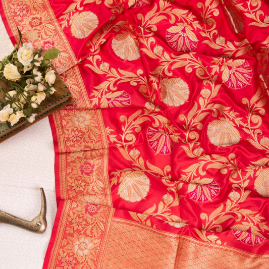 Coral Pink Floral Banarasi Silk Dupatta