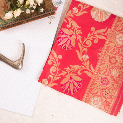 Coral Pink Floral Banarasi Silk Dupatta