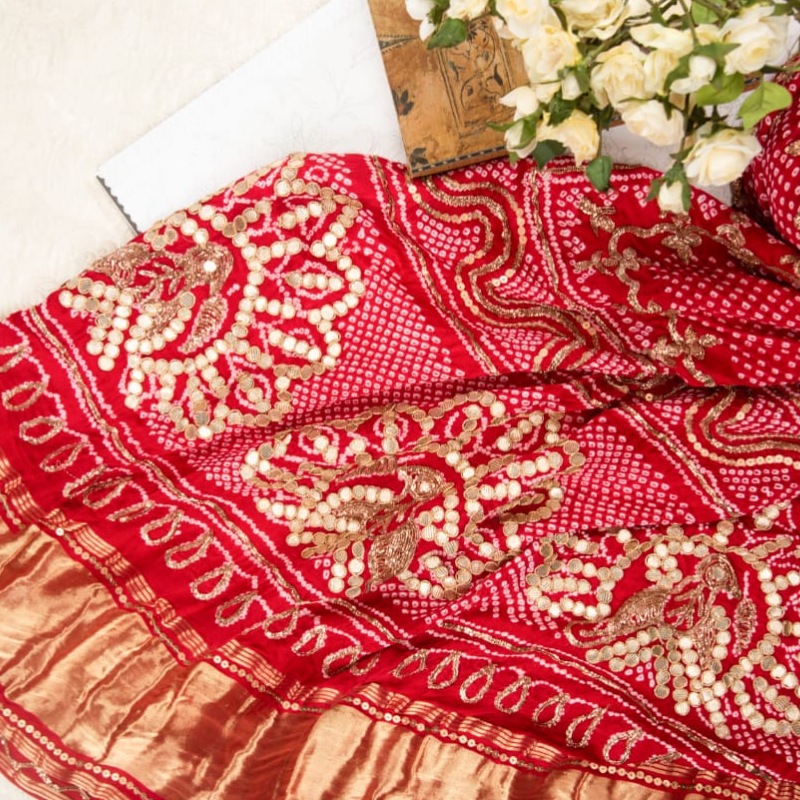 Hand Embroidered Red Bandhani Dupatta