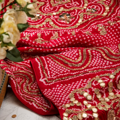 Hand Embroidered Red Bandhani Dupatta