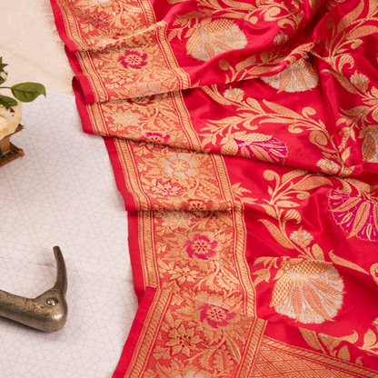 Coral Pink Floral Banarasi Silk Dupatta