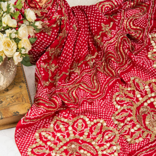 Hand Embroidered Red Bandhani Dupatta