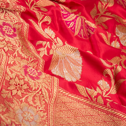 Coral Pink Floral Banarasi Silk Dupatta