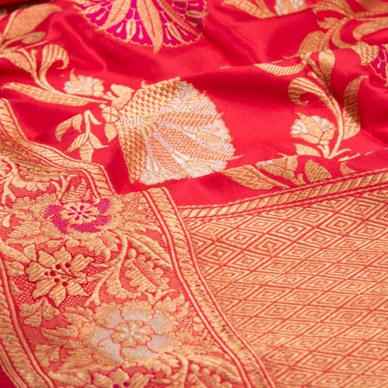 Coral Pink Floral Banarasi Silk Dupatta
