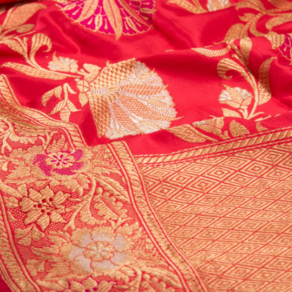 Coral Pink Floral Banarasi Silk Dupatta