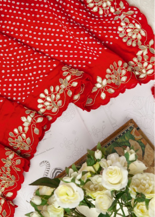 Hand Embroidered Red Bandhani With Gota Patti Dupatta