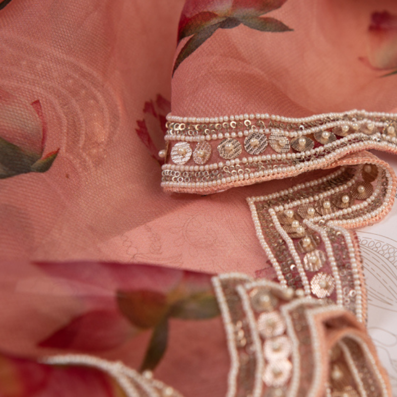 Peach Organza Hand Embroidered Saree