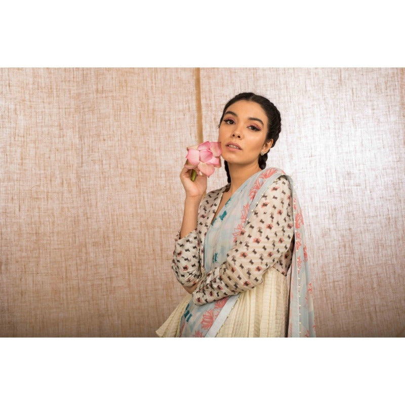 Powder Blue Tropical Pichwai Sari -WIIAKALICO SS02 - View 4
