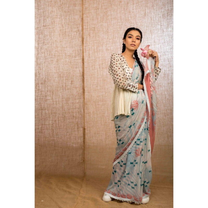 Powder Blue Tropical Pichwai Sari -WIIAKALICO SS02 - View 2