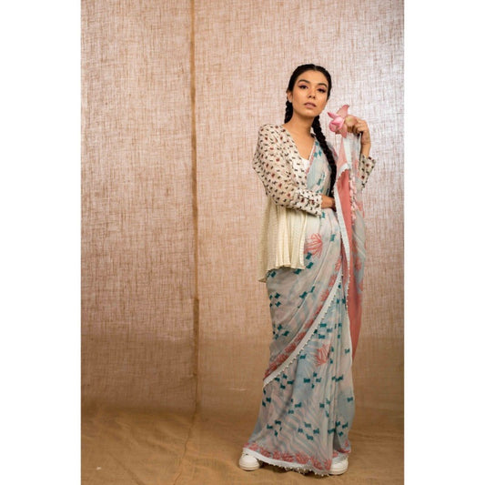 Powder Blue Tropical Pichwai Sari -WIIAKALICO SS02 - View 2